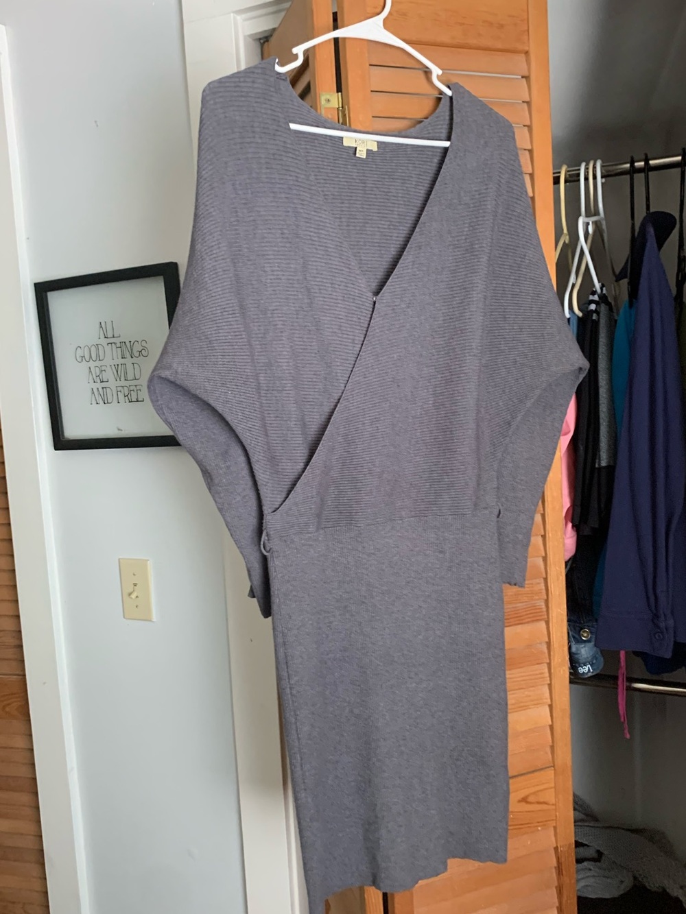 Kori Charcoal Grey Midi Wrap ribbed  Knit Sweater Dress sz M/L